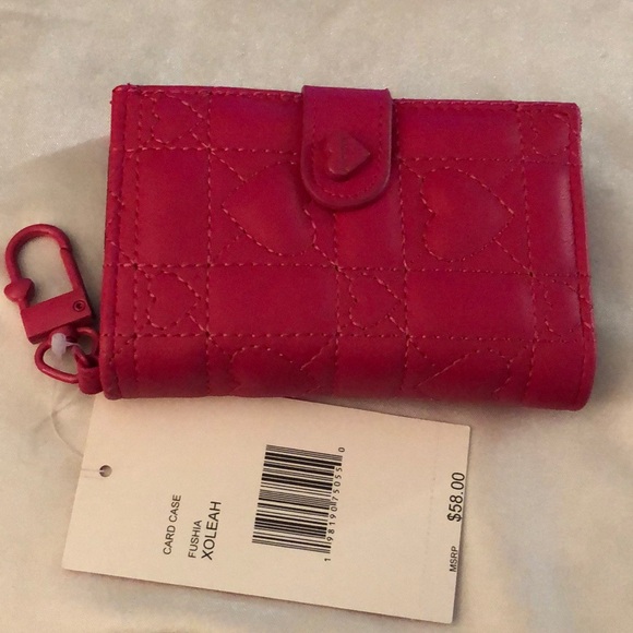 Betsey Johnson Fushia Faux Leather Card Case Wallet & Key Ring Quilted Heart NWT - Picture 5 of 16